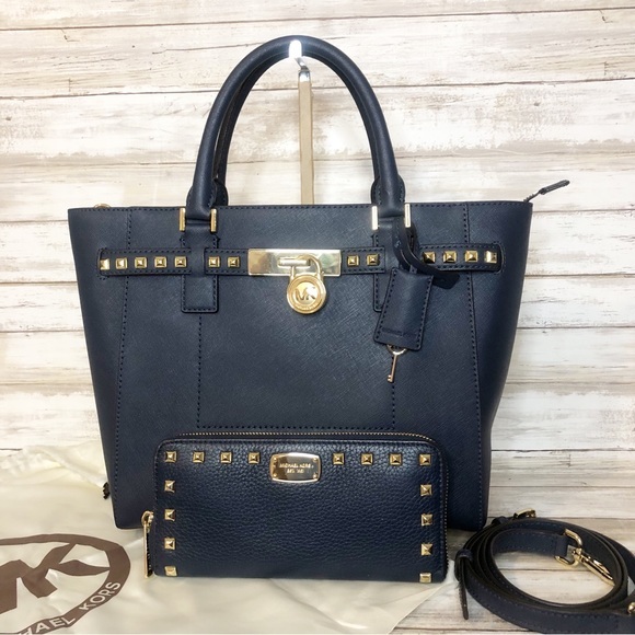 Michael Kors Handbags - MK Leather Hamilton Traveler Large Studded Tote & Continental Wallet Navy & Gold